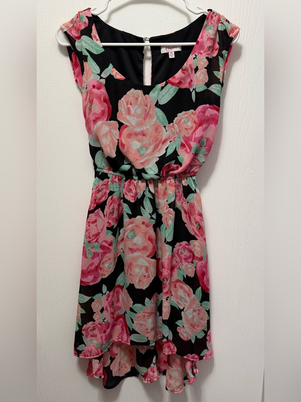 Candie’s Floral High-Low Dress, Size XS, Pink Rose Print Flowy, Party Wear